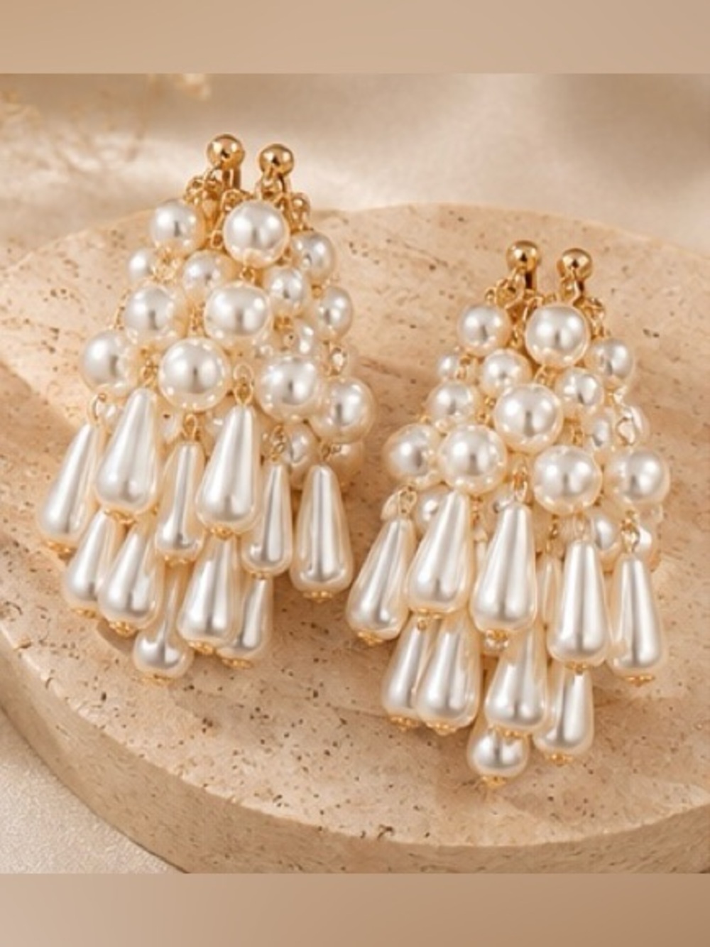 Pearl Chandelier Statement Earrings Gold Tone Cluster Drop Dangle Earrings